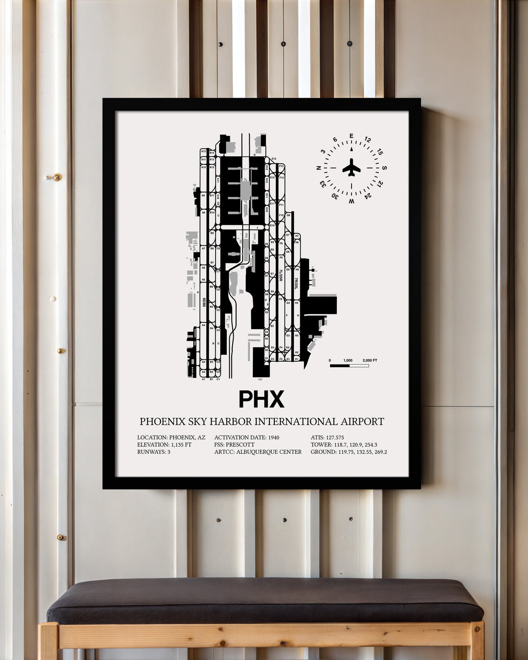 Framed Detailed Airport Map of Phoenix Sky Harbor International Airport (PHX) in White with a Black Frame