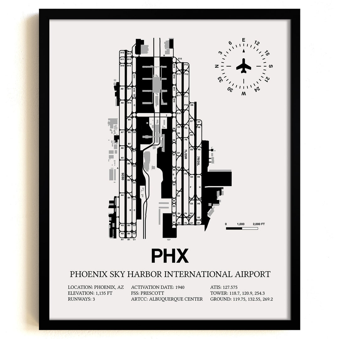 Framed Detailed Airport Map of Phoenix Sky Harbor International Airport (PHX) in White with a Black Frame
