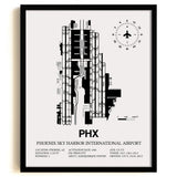 Framed Detailed Airport Map of Phoenix Sky Harbor International Airport (PHX) in White with a Black Frame