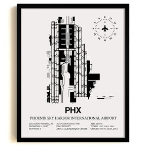 Framed Detailed Airport Map of Phoenix Sky Harbor International Airport (PHX) in White with a Black Frame