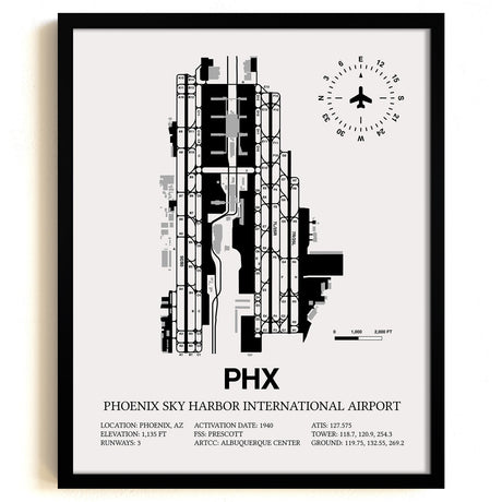 Framed Detailed Airport Map of Phoenix Sky Harbor International Airport (PHX) in White with a Black Frame