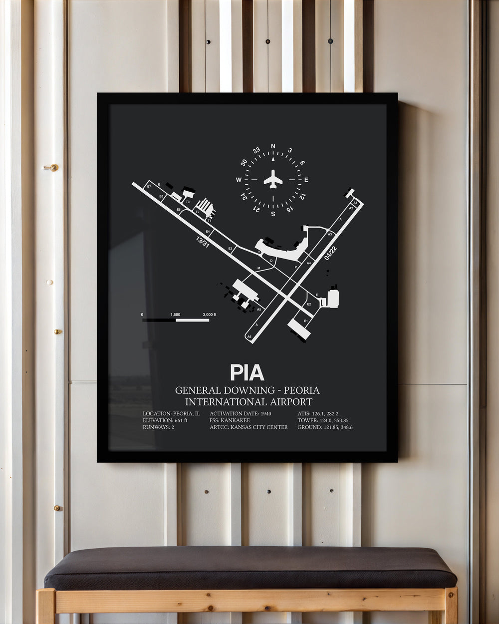 Framed Detailed Airport Map of General Downing - Peoria International Airport (PIA) in Gray with a Black Frame