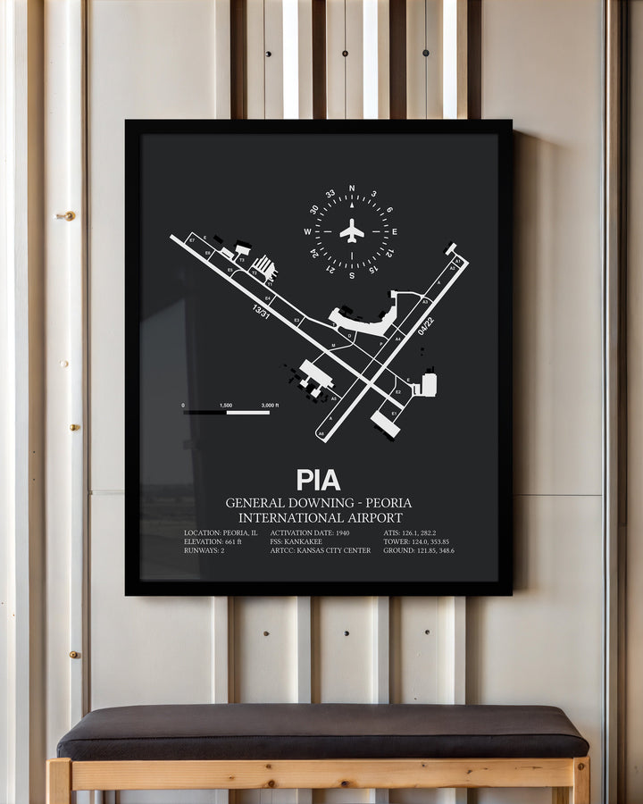 Framed Detailed Airport Map of General Downing - Peoria International Airport (PIA) in Gray with a Black Frame