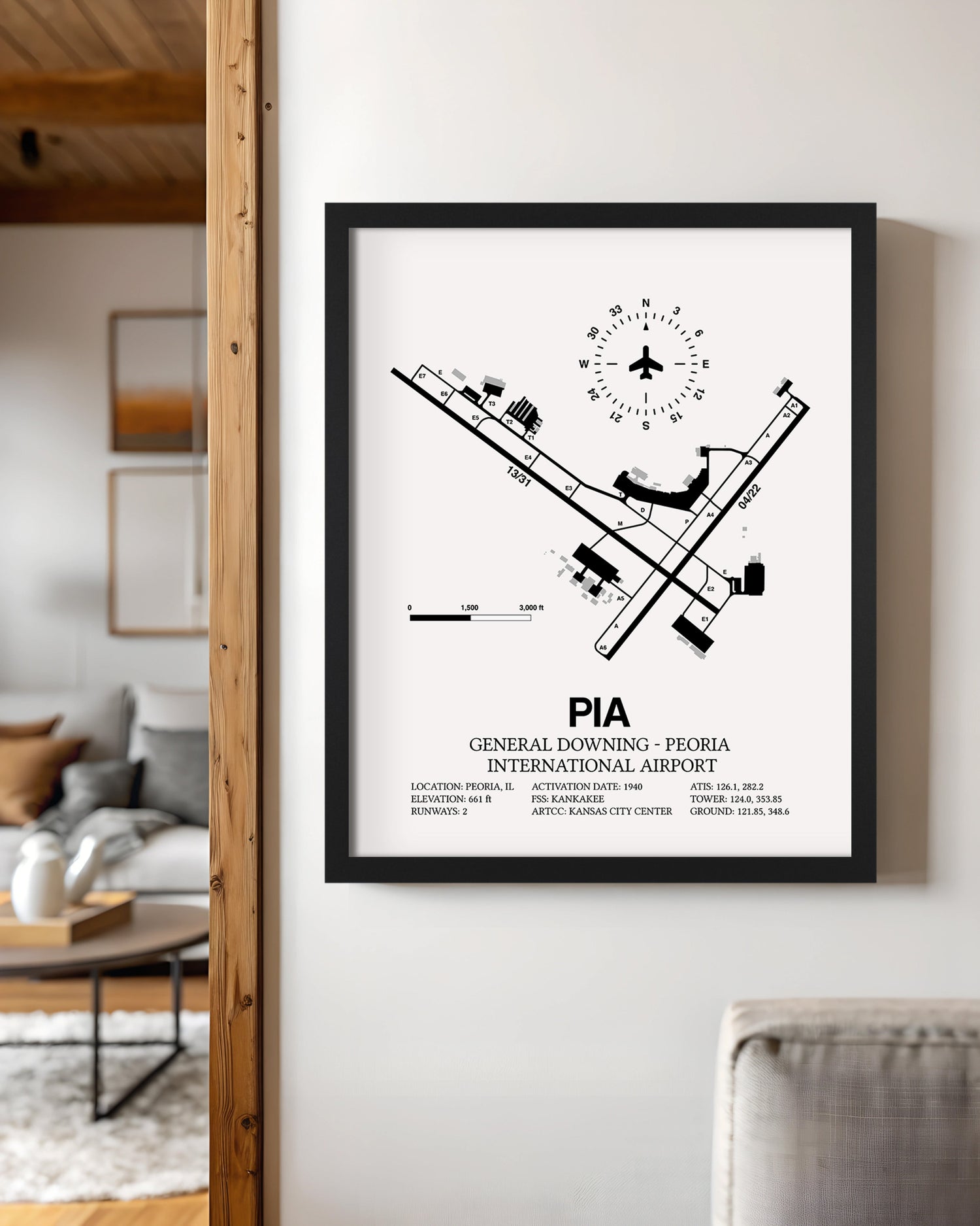 Framed Detailed Airport Map of General Downing - Peoria International Airport (PIA) in White with a Black Frame