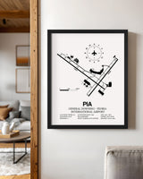 Framed Detailed Airport Map of General Downing - Peoria International Airport (PIA) in White with a Black Frame
