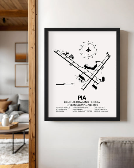 Framed Detailed Airport Map of General Downing - Peoria International Airport (PIA) in White with a Black Frame