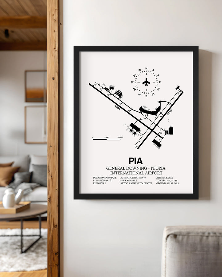 Framed Detailed Airport Map of General Downing - Peoria International Airport (PIA) in White with a Black Frame