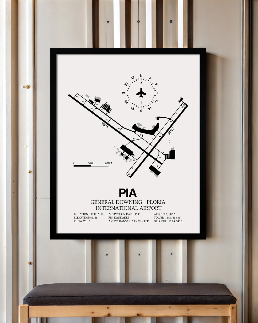 Framed Detailed Airport Map of General Downing - Peoria International Airport (PIA) in White with a Black Frame