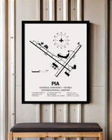 Framed Detailed Airport Map of General Downing - Peoria International Airport (PIA) in White with a Black Frame