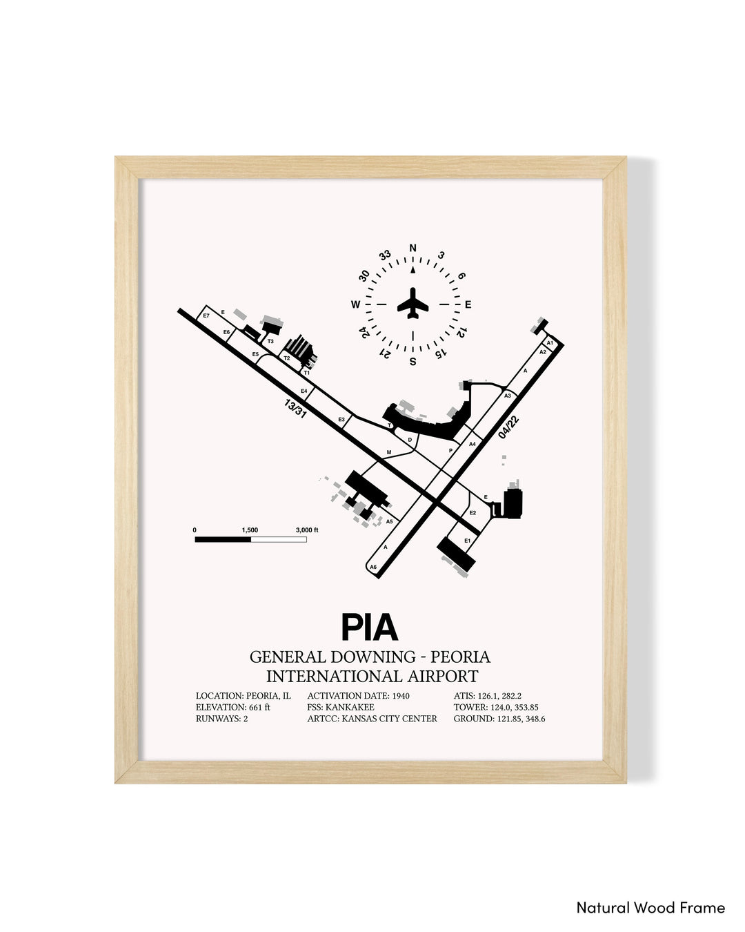 Detailed Airport Map of General Downing - Peoria International Airport (PIA) in White with a Natural Frame