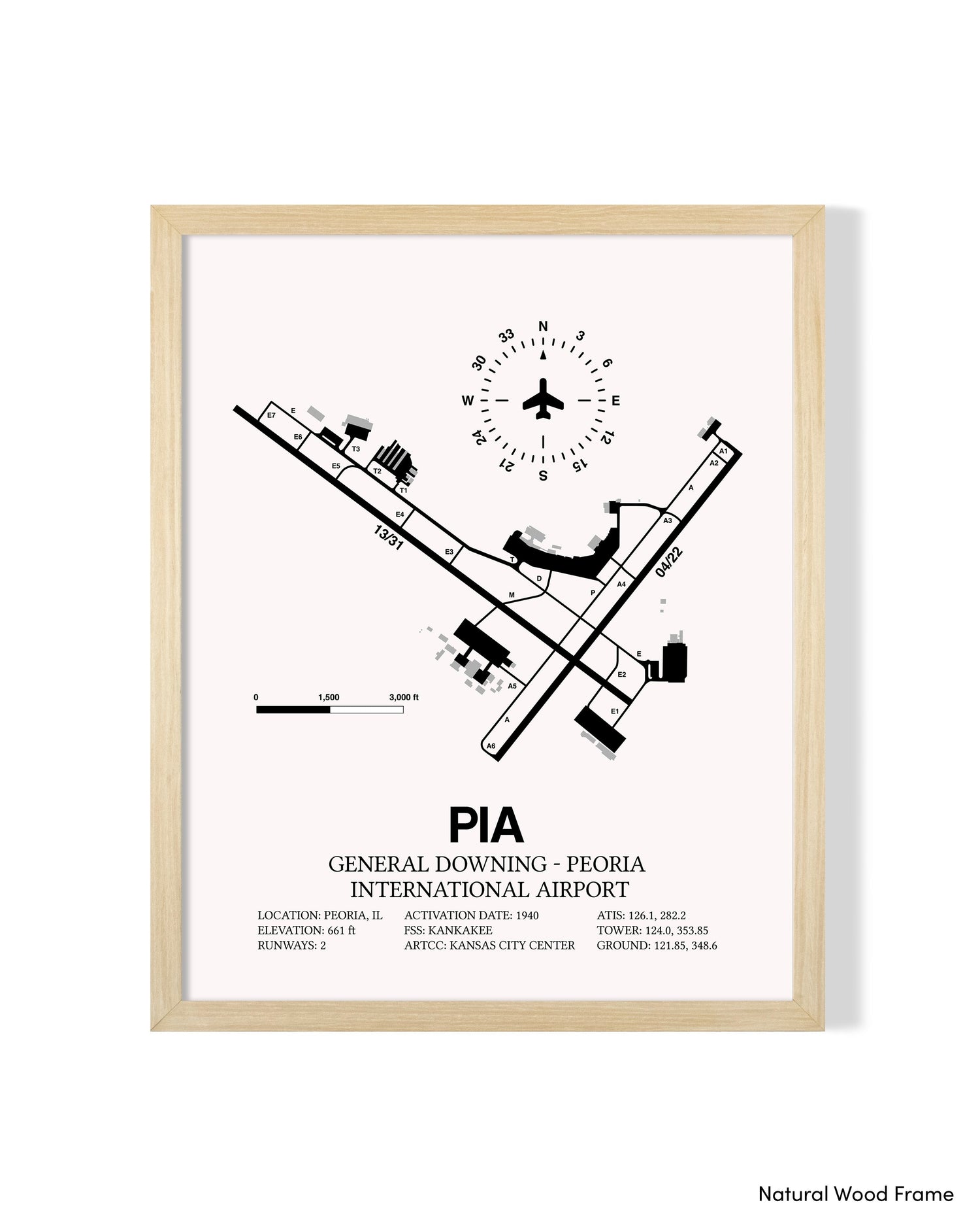 Detailed Airport Map of General Downing - Peoria International Airport (PIA) in White with a Natural Frame