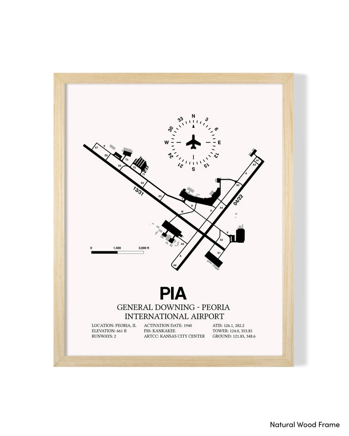 Detailed Airport Map of General Downing - Peoria International Airport (PIA) in White with a Natural Frame