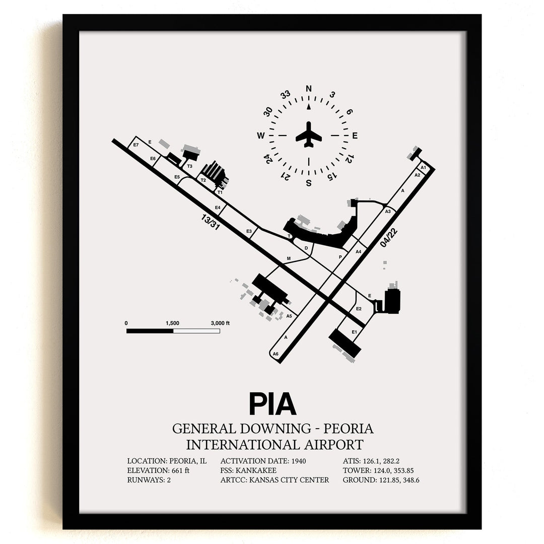Framed Detailed Airport Map of General Downing - Peoria International Airport (PIA) in White with a Black Frame
