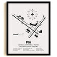 Framed Detailed Airport Map of General Downing - Peoria International Airport (PIA) in White with a Black Frame