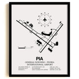 Framed Detailed Airport Map of General Downing - Peoria International Airport (PIA) in White with a Black Frame