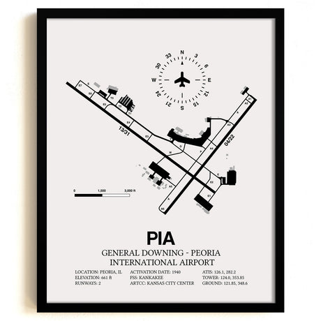 Framed Detailed Airport Map of General Downing - Peoria International Airport (PIA) in White with a Black Frame