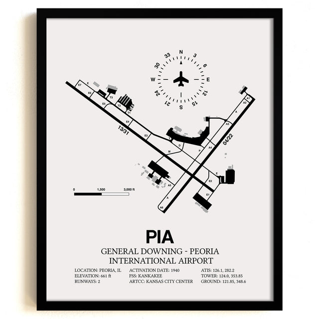 Framed Detailed Airport Map of General Downing - Peoria International Airport (PIA) in White with a Black Frame