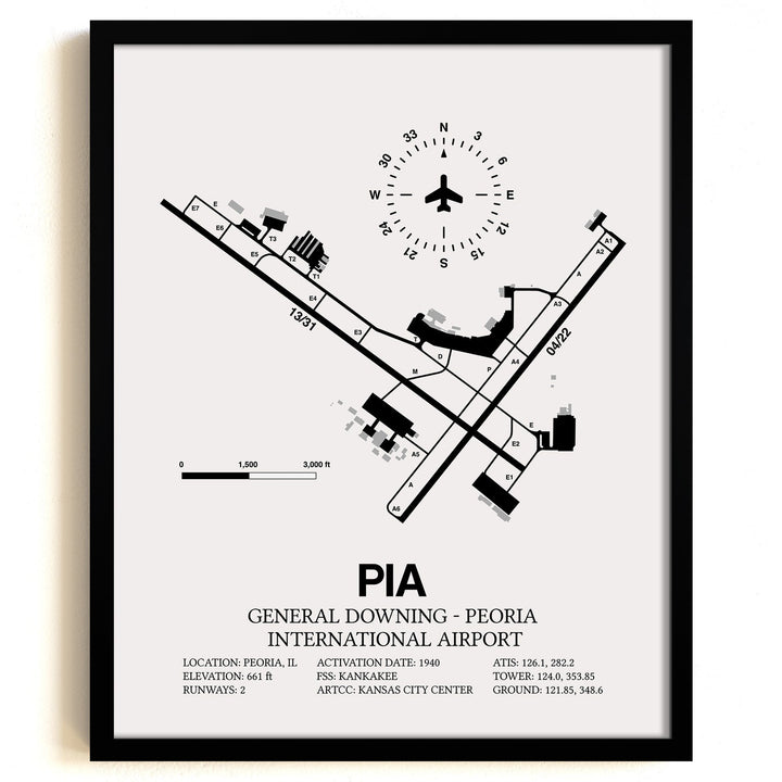 Framed Detailed Airport Map of General Downing - Peoria International Airport (PIA) in White with a Black Frame