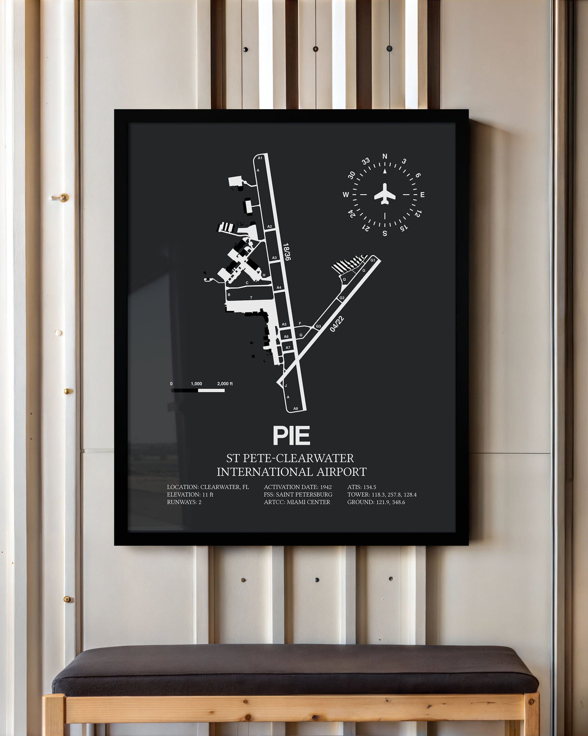 Framed Detailed Airport Map of St Pete-Clearwater International Airport (PIE) in Gray with a Black Frame