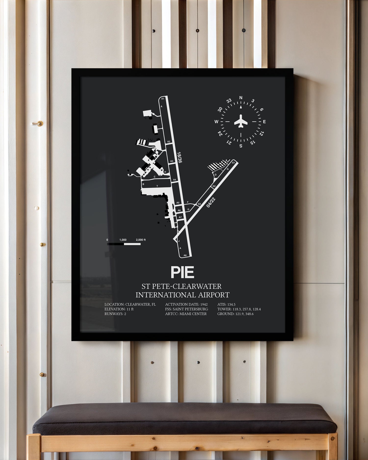 Framed Detailed Airport Map of St Pete-Clearwater International Airport (PIE) in Gray with a Black Frame