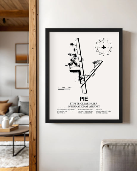 Framed Detailed Airport Map of St Pete-Clearwater International Airport (PIE) in White with a Black Frame