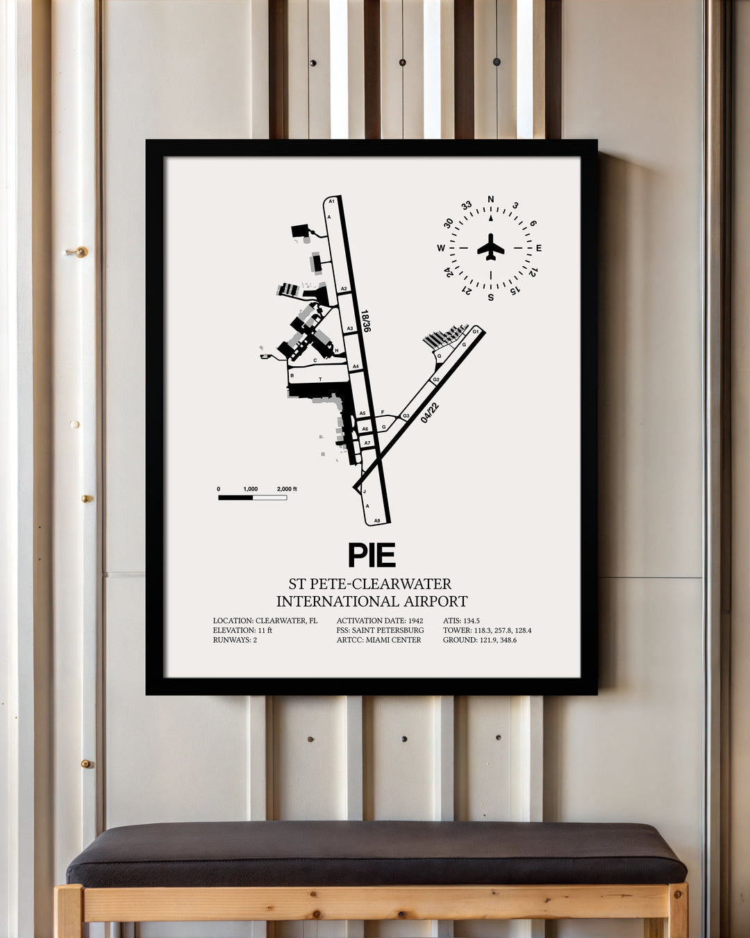 Framed Detailed Airport Map of St Pete-Clearwater International Airport (PIE) in White with a Black Frame