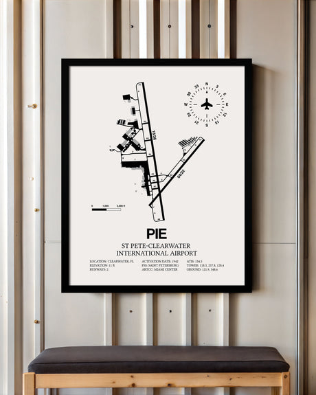 Framed Detailed Airport Map of St Pete-Clearwater International Airport (PIE) in White with a Black Frame