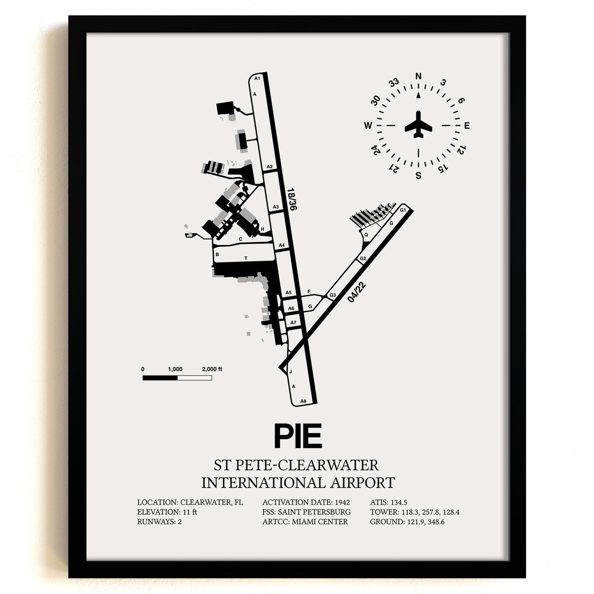 Framed Detailed Airport Map of St Pete-Clearwater International Airport (PIE) in White with a Black Frame