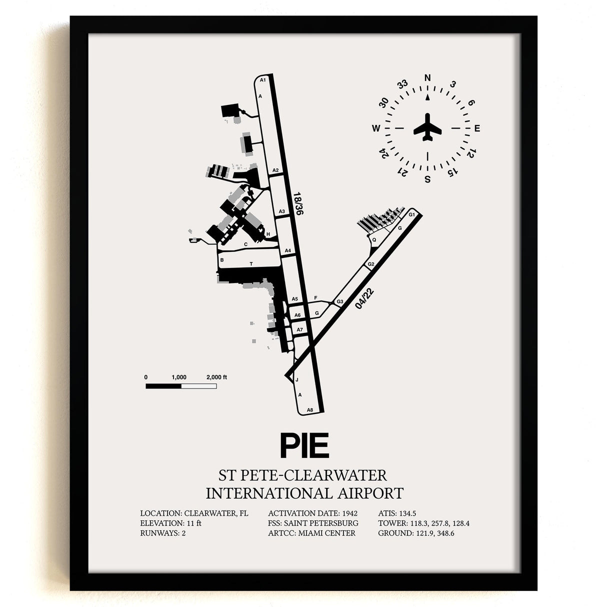 Framed Detailed Airport Map of St Pete-Clearwater International Airport (PIE) in White with a Black Frame