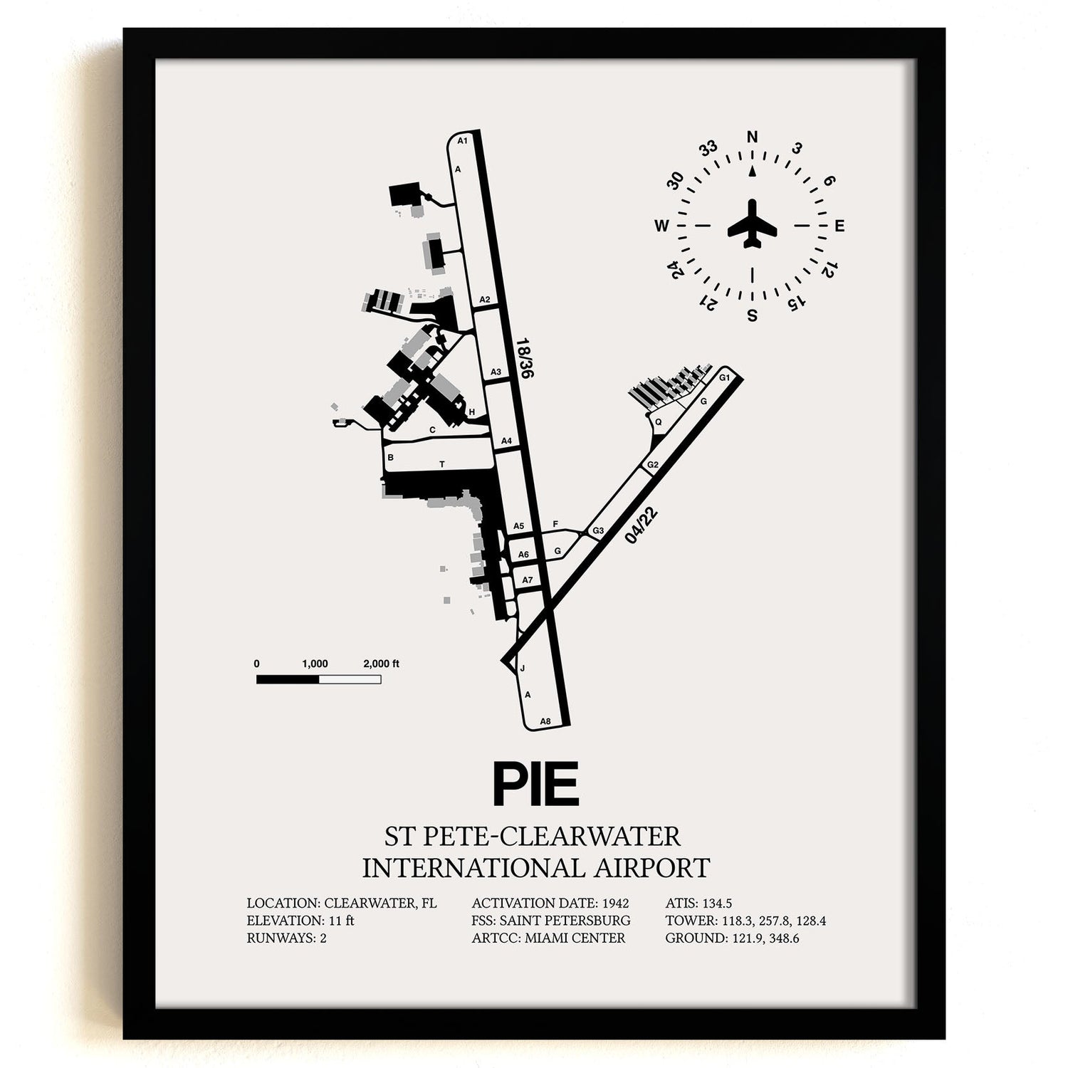 Framed Detailed Airport Map of St Pete-Clearwater International Airport (PIE) in White with a Black Frame