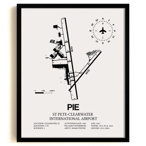 Framed Detailed Airport Map of St Pete-Clearwater International Airport (PIE) in White with a Black Frame