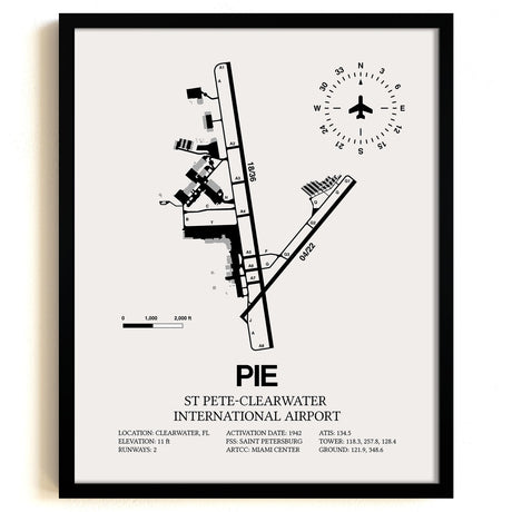 Framed Detailed Airport Map of St Pete-Clearwater International Airport (PIE) in White with a Black Frame