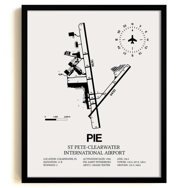 Framed Detailed Airport Map of St Pete-Clearwater International Airport (PIE) in White with a Black Frame