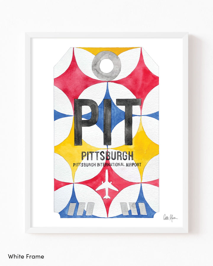 Framed Watercolor Print of Pittsburgh International Airport (PIT) with a White Frame