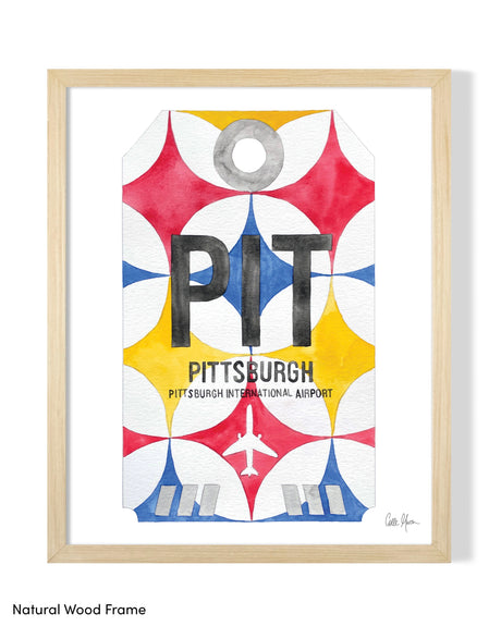 Framed Watercolor Print of Pittsburgh International Airport (PIT) with a Natural Wood Frame