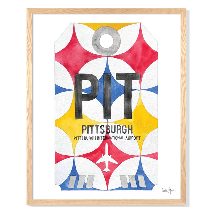 Framed Watercolor Print of Pittsburgh International Airport (PIT) with an Oak Frame