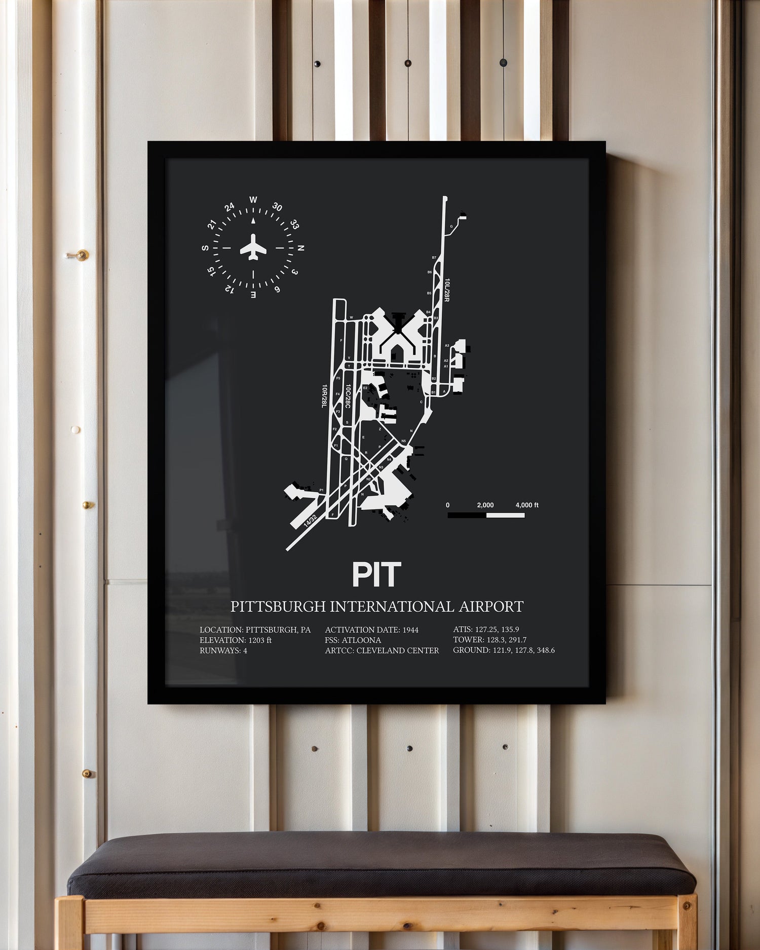 Framed Detailed Airport Map of Pittsburgh International Airport (PIT) in Gray with a Black Frame