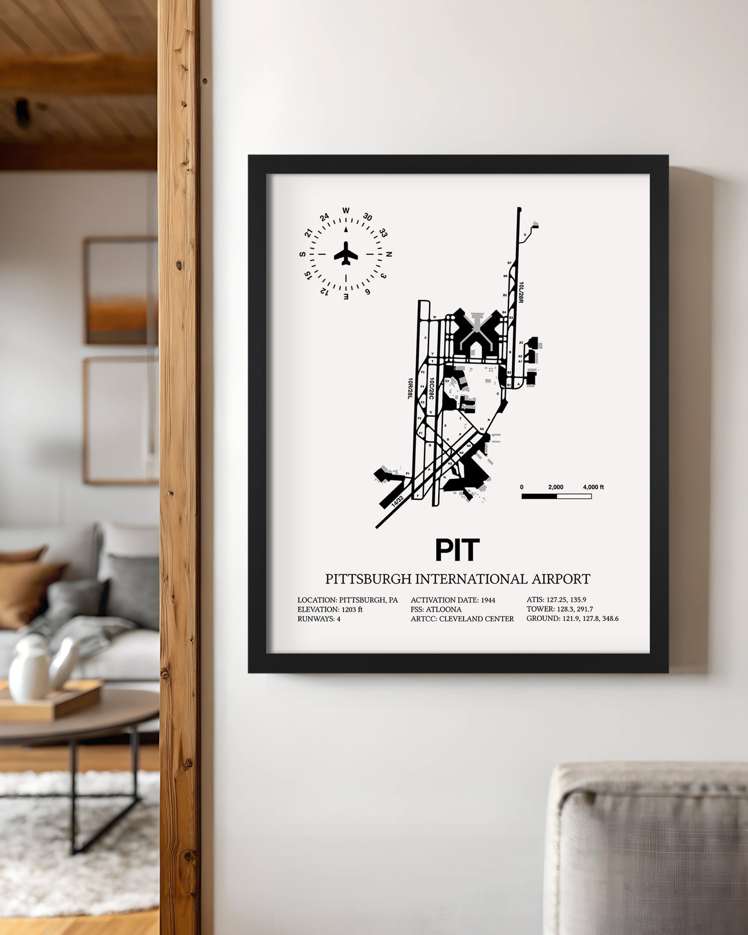 Framed Detailed Airport Map of Pittsburgh International Airport (PIT) in White with a Black Frame