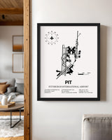 Framed Detailed Airport Map of Pittsburgh International Airport (PIT) in White with a Black Frame