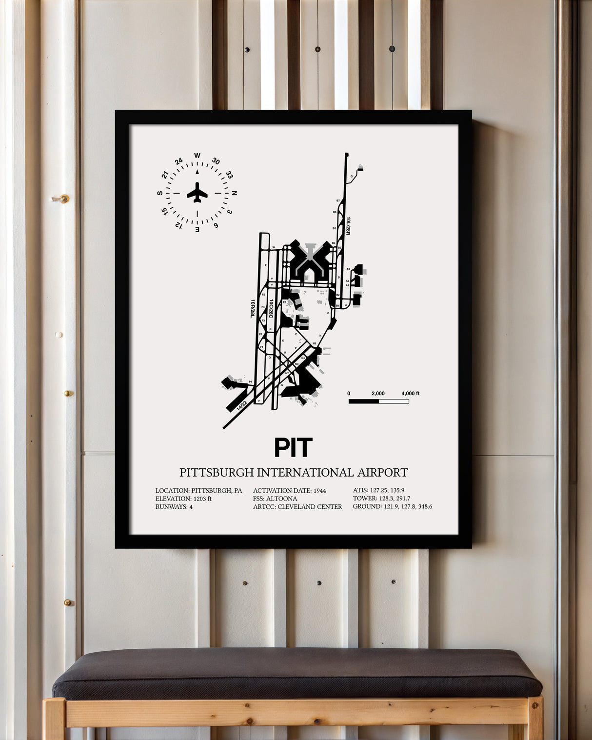 Framed Detailed Airport Map of Pittsburgh International Airport (PIT) in White with a Black Frame