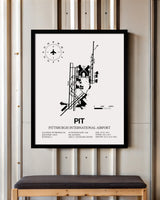 Framed Detailed Airport Map of Pittsburgh International Airport (PIT) in White with a Black Frame