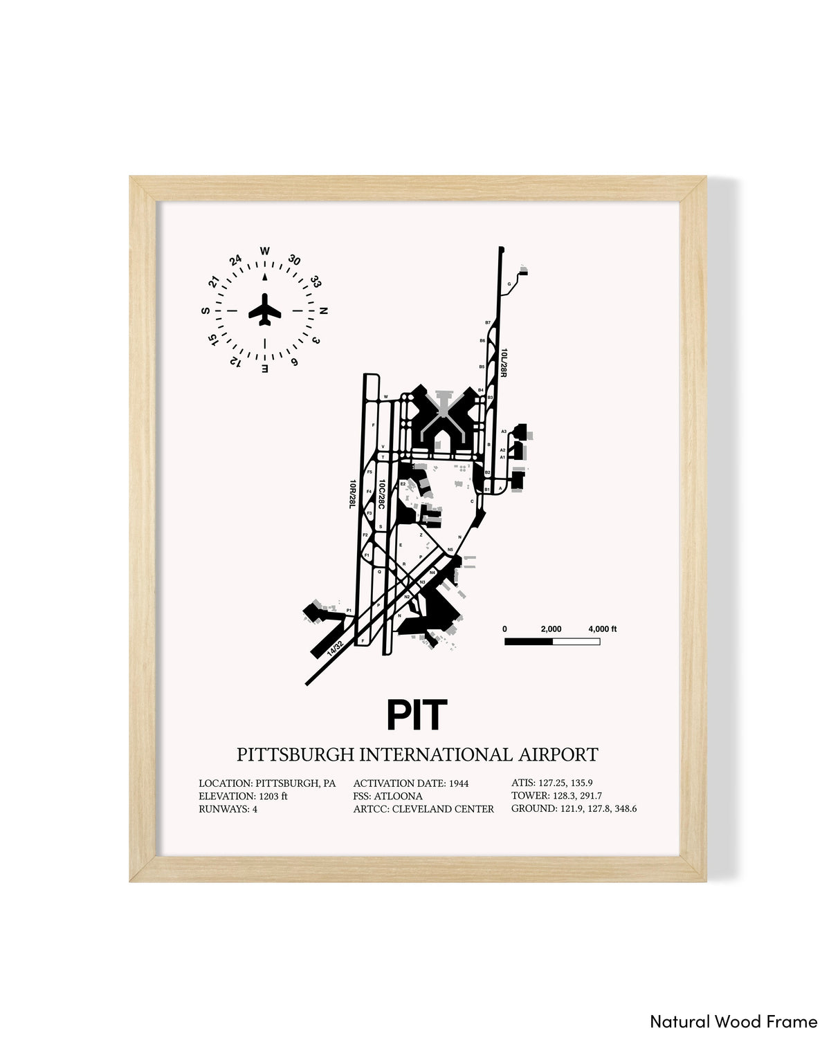 Detailed Airport Map of Pittsburgh International Airport (PIT) in White with a Natural Frame