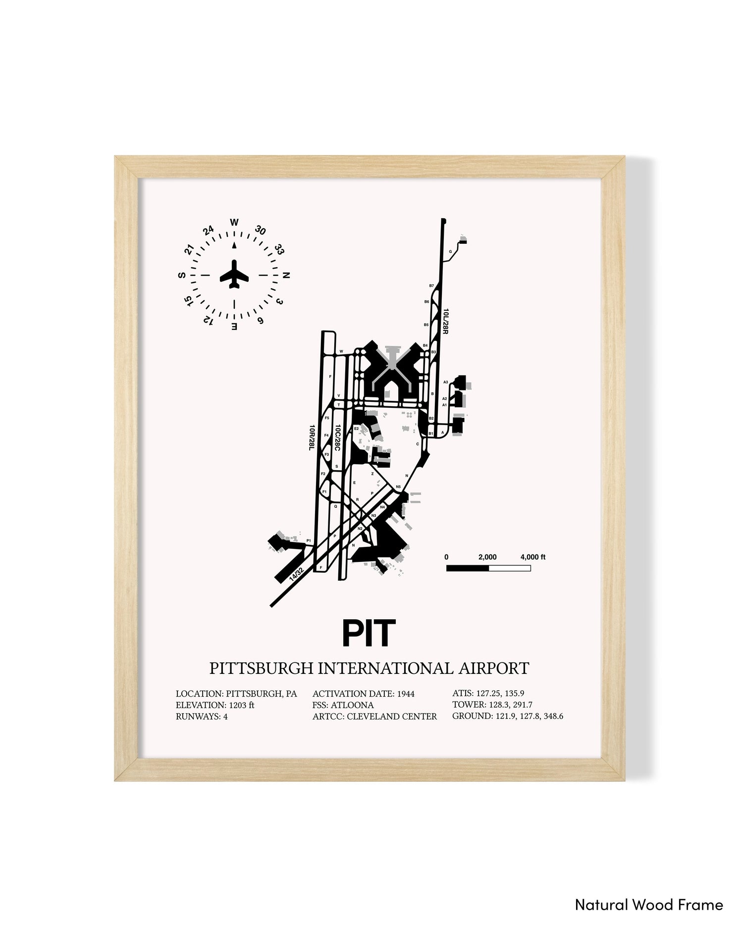 Detailed Airport Map of Pittsburgh International Airport (PIT) in White with a Natural Frame