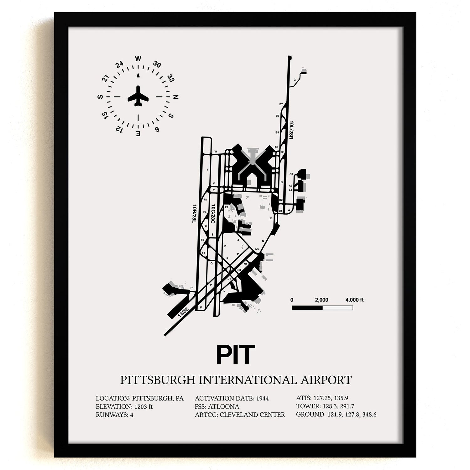 Framed Detailed Airport Map of Pittsburgh International Airport (PIT) in White with a Black Frame