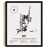 Framed Detailed Airport Map of Pittsburgh International Airport (PIT) in White with a Black Frame