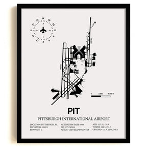 Framed Detailed Airport Map of Pittsburgh International Airport (PIT) in White with a Black Frame