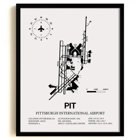 Framed Detailed Airport Map of Pittsburgh International Airport (PIT) in White with a Black Frame