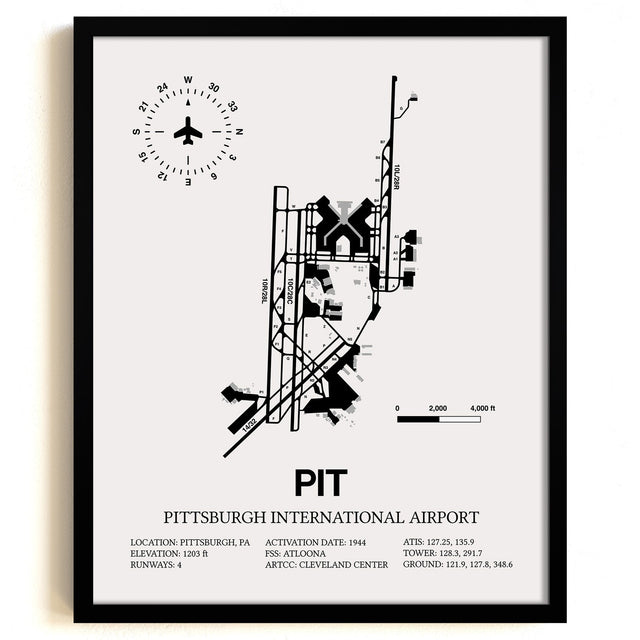 Framed Detailed Airport Map of Pittsburgh International Airport (PIT) in White with a Black Frame
