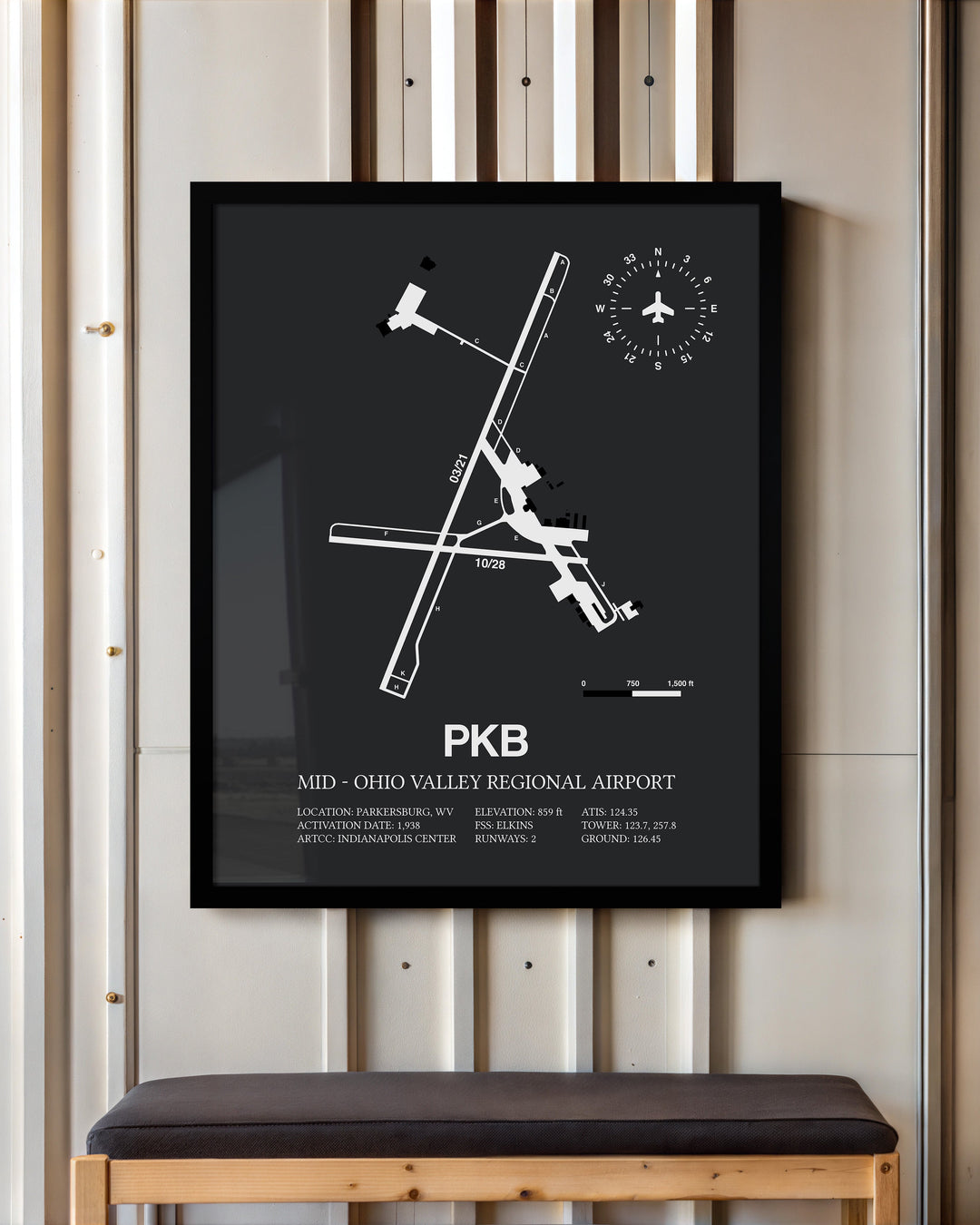 Framed Detailed Airport Map of Mid - Ohio Valley Regional Airport (PKB) in Gray with a Black Frame