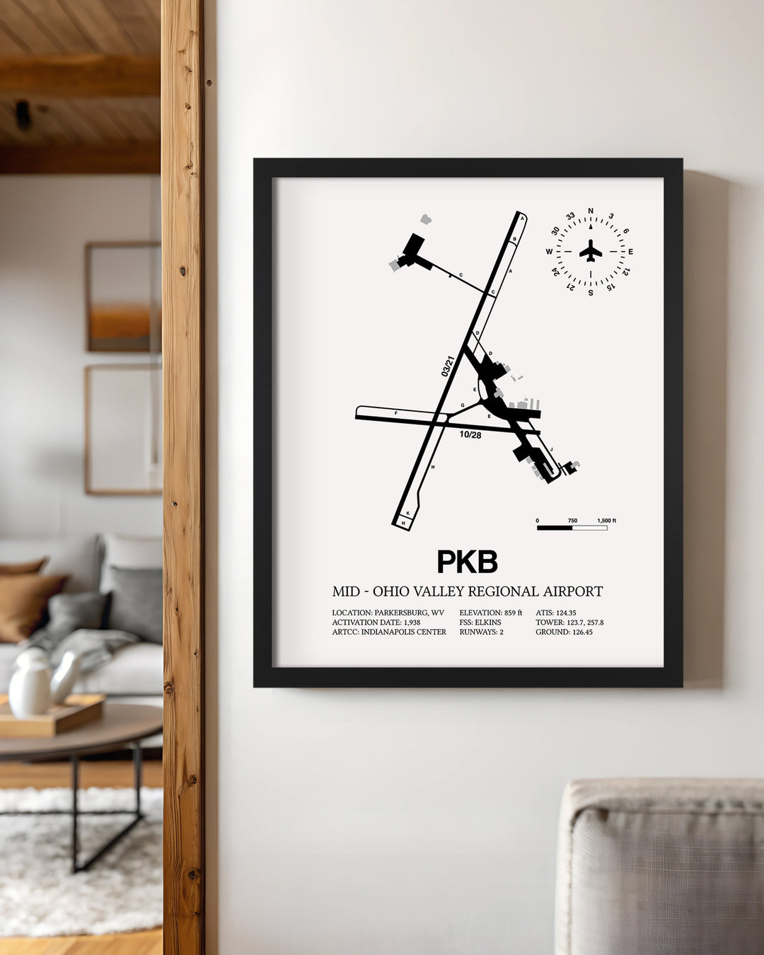 Framed Detailed Airport Map of Mid - Ohio Valley Regional Airport (PKB) in White with a Black Frame